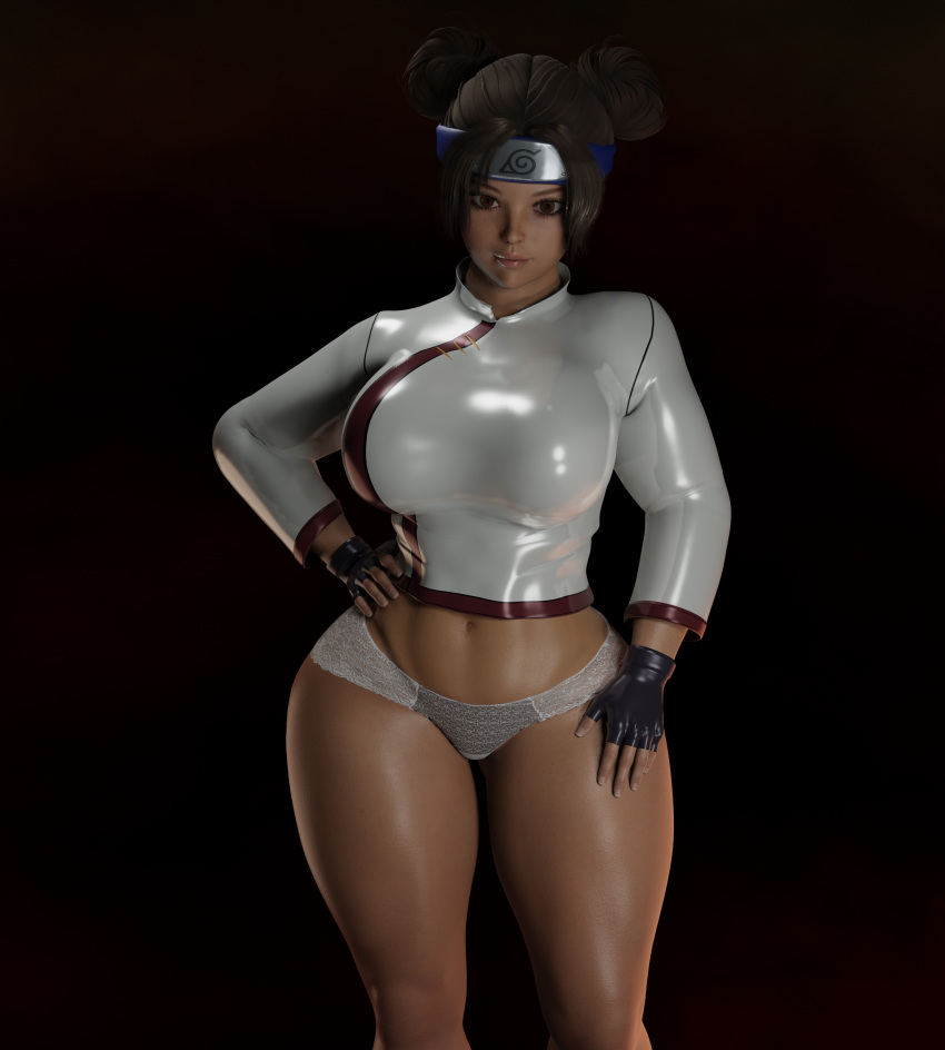 1girls 3d bottomless cursedmadara curvaceous curvy curvy_female curvy_figure double_bun female female_only front_view gloves hair_bun kunoichi long_hair naruto naruto_(series) naruto_shippuden ninja panties shirt solo solo_female solo_focus tenten voluptuous wide_hips