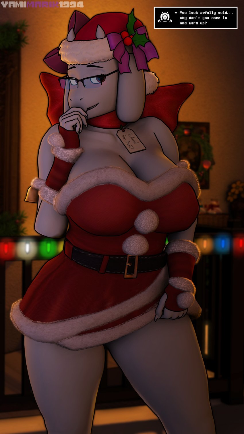 1girls 2018 3d 3d_(artwork) 9:16 absurd_res anthro big_breasts blush bovid breasts caprine christmas christmas_clothing christmas_headwear christmas_outfit claws cleavage clothed clothing curvaceous curvy dialogue digital_media_(artwork) dress english_text eyewear female female_focus female_only fur furry glasses gloves goat handwear hat hi_res holidays horns imminent_incest implied_incest long_ears looking_at_viewer mammal mature mature_anthro mature_female mature_woman milf open_mouth red_eyes ribbons santa_hat smile solo source_filmmaker source_request standing teeth text text_box thick_thighs toriel undertale undertale_(series) unseen_character voluptuous white_body white_fur yamimarik1994