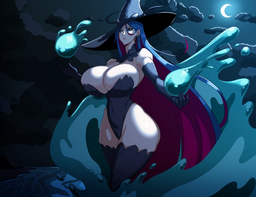 1girls absurd_res alecto_0 aqua_eyes big_breasts blue_hair cleavage elemental_manipulation female female_only huge_breasts legwear leotard night original pink_hair sea seaside solo solo_female thick_thighs thigh_squish two_tone_hair very_long_hair wide_hips witch witch_hat