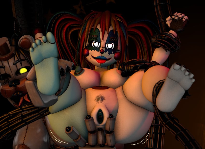 3d 5_fingers 5_toes animatronic anthro ass baby_(fnafsl) big_ass big_breasts breasts circus_baby circus_baby_(fnaf) clown_girl exposed_pussy eyebrows eyelashes feet female/female female_focus female_only fingering five_nights_at_freddy's freddy_fazbear's_pizzeria_simulator hat heart-shaped_pupils makeup molten_freddy naked nipples nude nude_female pubic_hair pussy rckke rule_63 scrap_baby scrap_baby_(fnaf) scrap_baby_(rckke) spread_legs tentacle tongue tongue_out white_eyes yellow_eyes