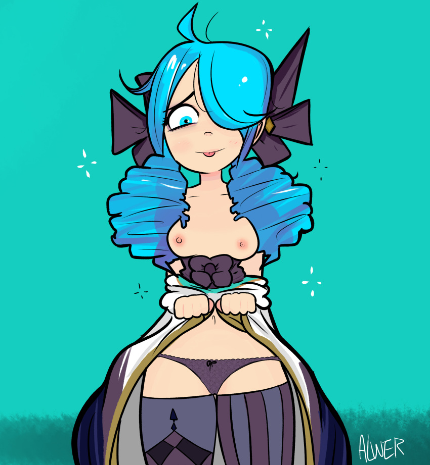 alwer alwerart blue_eyes blue_hair gwen_(league_of_legends) league_of_legends skirt_lift