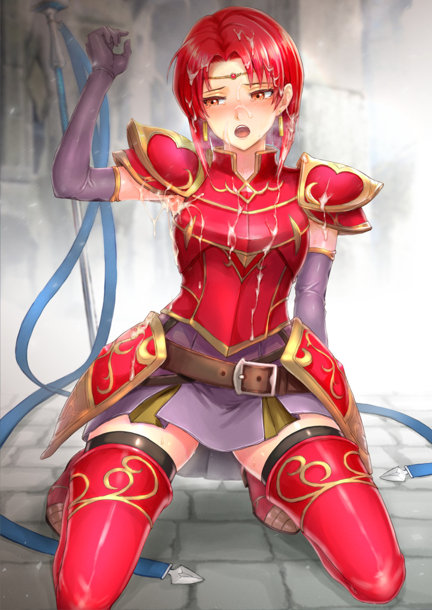 1girls arm_up armor armpit_fetish armpits bare_thighs blush boots bukkake crying crying_with_eyes_open cum cum_on_arm cum_on_armpit cum_on_body cum_on_breasts cum_on_face cum_on_hair earrings elbow_gloves female female_only fire_emblem fire_emblem:_the_binding_blade frown gloves heavy_breathing kneeling looking_away looking_down medium_hair melady_(fire_emblem) nintendo orange_eyes pussy_juice pussy_juice_drip rape red_hair sasagawa_(haikaiki) shoulder_pads skirt solo spear sweaty_armpits thigh_boots thighhighs thighs weapon wet_pussy