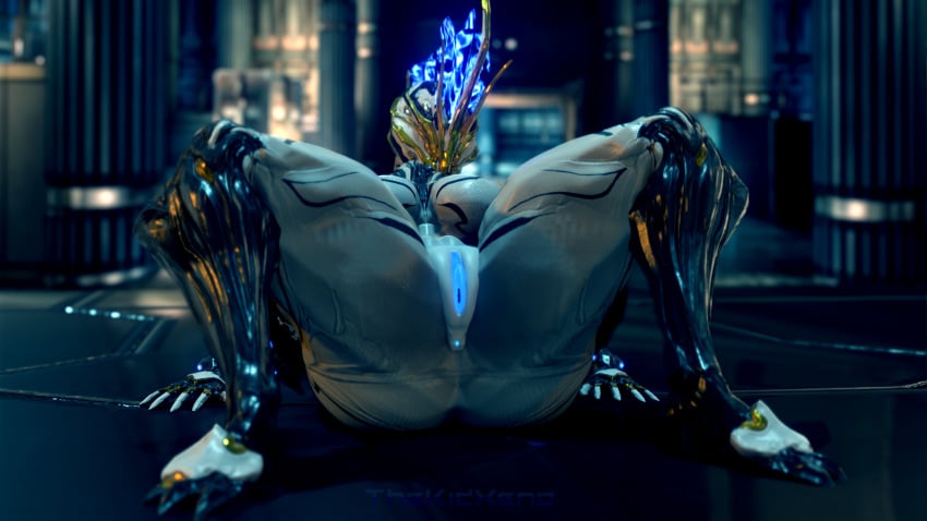 alien anus big_breasts breasts claws detailed_background ember_(warframe) ember_prime faceless_character faceless_female female genitals heart hi_res lying nude pussy solo tenno thekidxeno thick_thighs video_games warframe white_body wide_hips