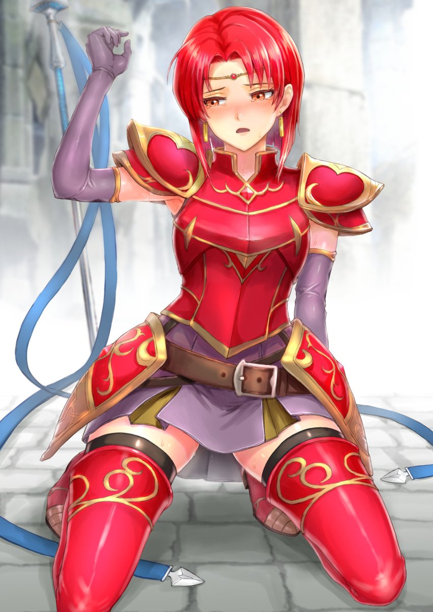 1girls arm_up armor armpit_fetish armpits bare_thighs blush boots crying crying_with_eyes_open earrings elbow_gloves female female_only fire_emblem fire_emblem:_the_binding_blade gloves kneeling looking_away medium_hair melady_(fire_emblem) nintendo open_mouth orange_eyes rape red_hair sasagawa_(haikaiki) shoulder_pads skirt solo spear sweat sweaty_armpits thigh_boots thighhighs thighs weapon