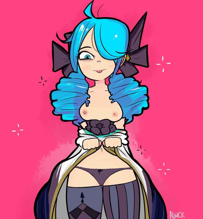 alwer alwerart blue_eyes blue_hair breasts gwen_(league_of_legends) league_of_legends panties skirt_lift