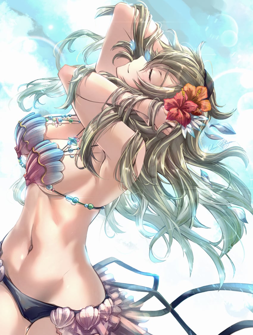 1girls absurdres alternate_costume artist_name bare_shoulders bikini black_bikini black_hairband black_swimsuit breasts clear_glass_(mildmild1311) closed_eyes cloud cloudy_sky corrin_(fire_emblem) corrin_(fire_emblem)_(female) corrin_(summer)_(fire_emblem)_(female) cowboy_shot dutch_angle female female_only fire_emblem fire_emblem_cipher fire_emblem_fates flower grey_hair hair_lift hairband hand_in_own_hair hands_in_hair hands_up hibiscus highres large_breasts long_hair looking_up navel nintendo official_alternate_costume shell shell_bikini signature sky smile solo sunlight swimsuit