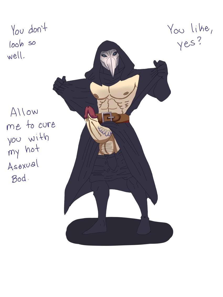 1boy abs azakishimo big_penis english english_text funny male male_focus male_only penis plague_doctor scp scp-049 scp_foundation talking_to_viewer white_background