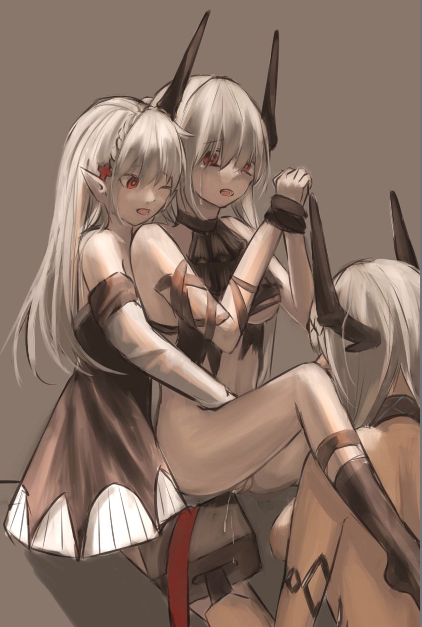 3girls arknights artist_request bare_back bare_shoulders chained chained_sarkaz_girl_(arknights) crying female female_only hammer horns legs light-skinned_female long_hair looking_at_viewer mudrock_(arknights) multiple_girls nipple_slip nipples no_panties one_eye_closed open_mouth pointy_ears pussy pussy_juice pussy_juice_drip rape red_eyes socks tears tied tied_hands torn_clothes vagina warfarin_(arknights) white_hair