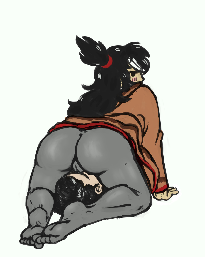 bandage_on_face bandage_over_one_eye bandages big_hair big_penis black_hair blush buddy_armstrong facesitting flustered footjob lisa_(series) lisa_the_joyful lisa_the_painful long_hair penis poncho ponytail white_body white_skin