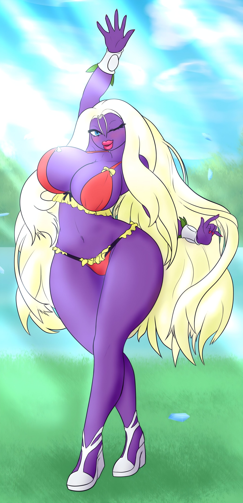 1girls 5_fingers artist_request big_ass big_breasts bikini blonde_hair blue_eyes cute female jynx lake lipstick looking_at_viewer no_humans painted_fingernails painted_nails pink_lipstick platform_shoes pokémon_(species) pokemon pokemon_(species) pokemon_rgby purple_skin seductive source_request tagme thick_thighs wedge_heels wink winking winking_at_viewer yellow_hair