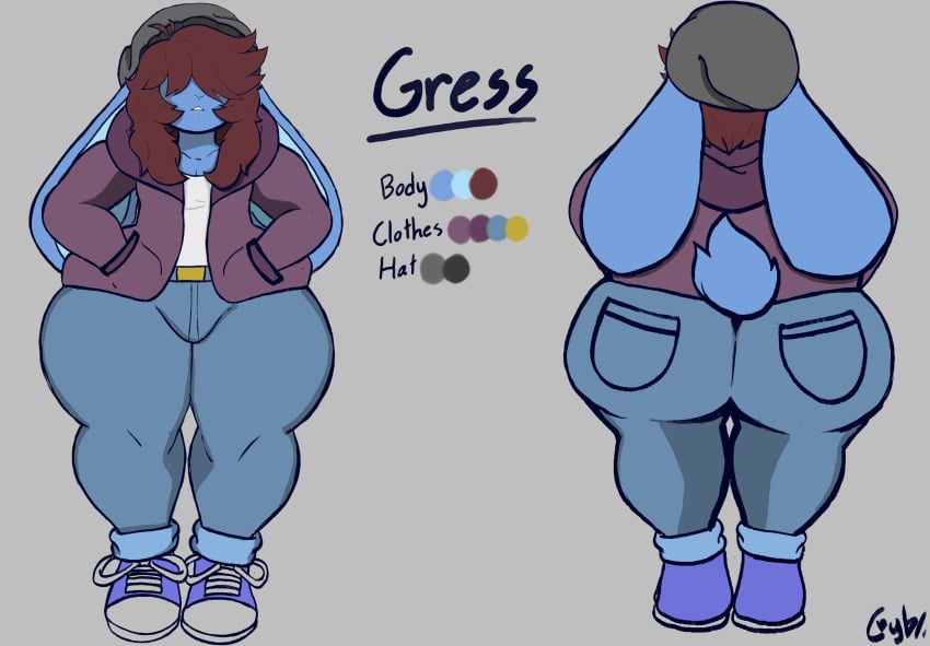 1boy back_view beanie blue_fur brown_hair bunny_boy character_sheet cybcutie denim denim_bottomwear denim_clothing denim_jeans femboy front_view furry gray_background gress_(retrogress) hoodie huge_ass jeans male original_character pants thick_thighs