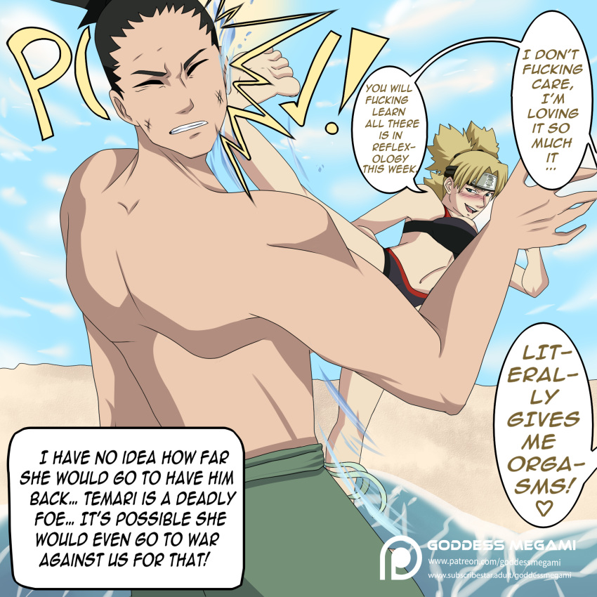 1boy1girl barefoot beach bikini black_hair blonde_hair canon_couple commentary couple dialogue feet fighting kick kicking male/female megami_comics nara_shikamaru naruto naruto_(series) naruto_shippuden offscreen_character outdoors ponytail quad_tails sparring speech_bubble swimsuit talking temari