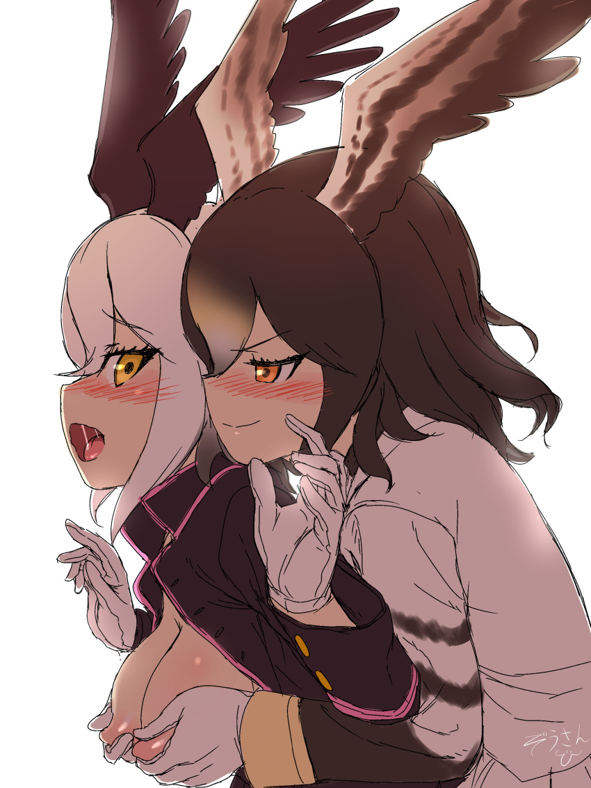 2girls bald_eagle_(kemono_friends) bangs bird_girl blush breast_grab breast_groping breasts breasts_grabbed_from_behind breasts_out_of_clothes collared_shirt eye_contact female from_behind furrowed_eyebrows gloves grabbed_from_behind grabbing gradient_hair groping happy head_wings high_resolution kemono_friends kemono_friends_3 looking_back masuyama_ryou medium_breasts medium_hair military military_uniform multicolored_hair multiple_girls nipple_tweak nipples northern_goshawk_(kemono_friends) open_clothes open_mouth orange_eyes saliva saliva_trail shiny shiny_skin shirt simple_background smug streaked_hair surprised surprised_arms tongue uniform v-shaped_eyebrows very_high_resolution white_background white_gloves white_hair white_shirt yellow_eyes yuri