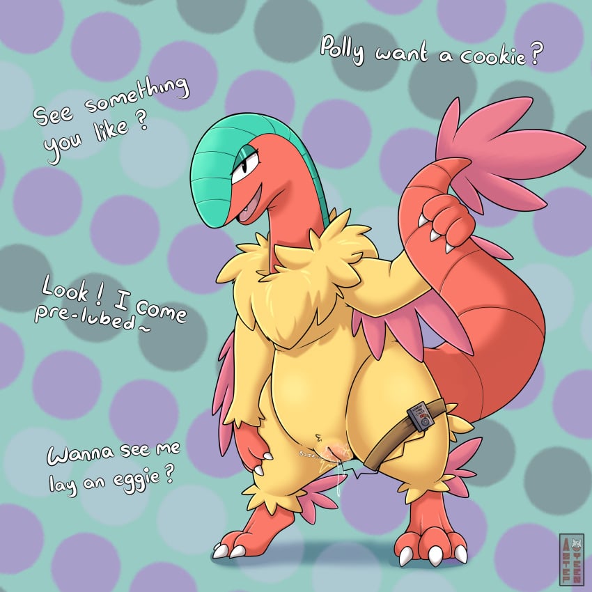 1:1 2022 absurd_res anthro archeops aztepyeen biped black_eyes blue_body bodily_fluids clitoris dialogue dotted_background english_text fan_character female female_pokemon fossil_pokémon front_view generation_5_pokemon genital_fluids genitals hi_res holding_own_tail holding_tail multitoned_body nintendo nude open_mouth pattern_background penetration pokémon_(species) pokemon pokemon_(species) pussy pussy_juice red_body sex_toy sex_toy_in_pussy sex_toy_insertion simple_background solo standing talking_to_viewer text thick_thighs vaginal_penetration vibrator vibrator_hip_strap vibrator_in_pussy video_games virgoah yellow_body