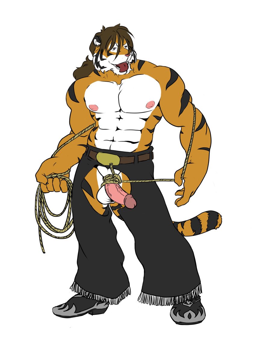 1boy anthro chaps cock_and_ball_torture color feline furry male male_only muscles penis revan rope solo tiger