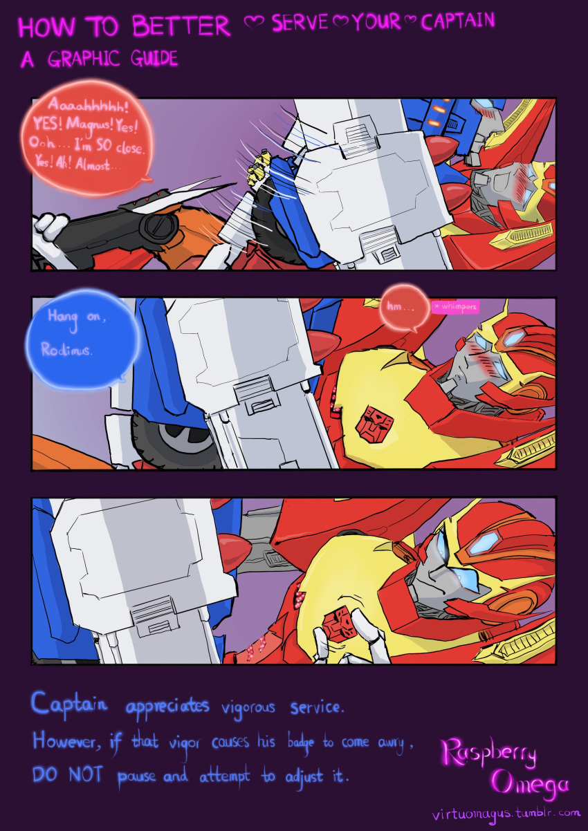 2018 alien autobot blue_eyes blush comic cybertronian dialogue duo english_text hi_res humanoid humor living_machine machine male open_mouth penetration purple_background robot rodimus sex simple_background text transformers ultra_magnus virtuomagnus yaoi