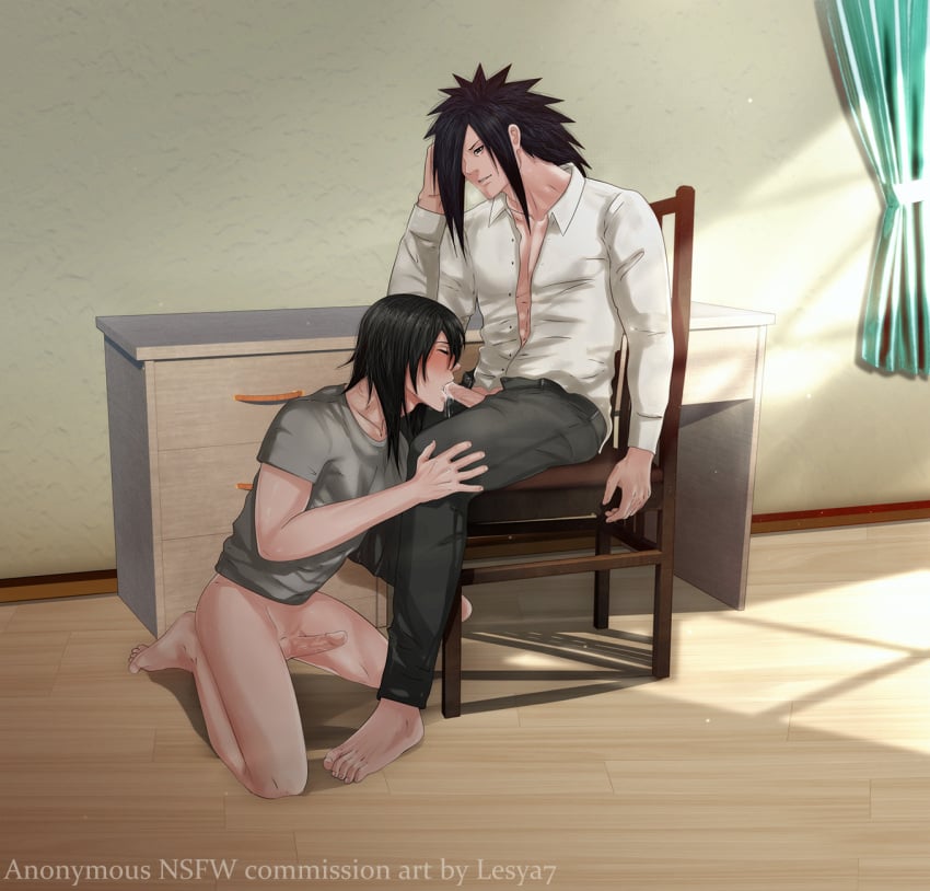 2boys arm_support barefoot black_hair blowjob bottomless chair clothed_sex cum cum_in_mouth duo duo_focus fellatio gay hair_over_one_eye half-dressed indoors lesya7 long_hair male/male naruto naruto_(series) naruto_shippuden no_underwear on_chair oral original_character pants penis sex shirt sitting uchiha_madara unbuttoned unbuttoned_shirt yaoi