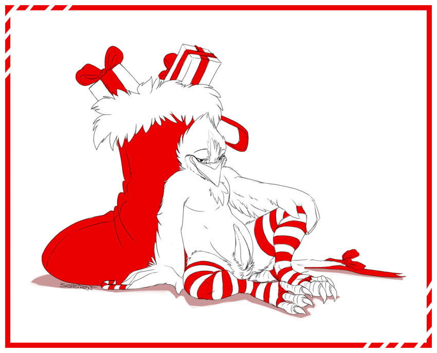 1boy anthro avian beak bird blue_jay border bow candy_cane chest_tuft christmas claws crest display displaying feathers holidays male male_only penis ribbons sefeiren shadow sinclair sitting sketch solo spread_legs spreading stocking stripes wings