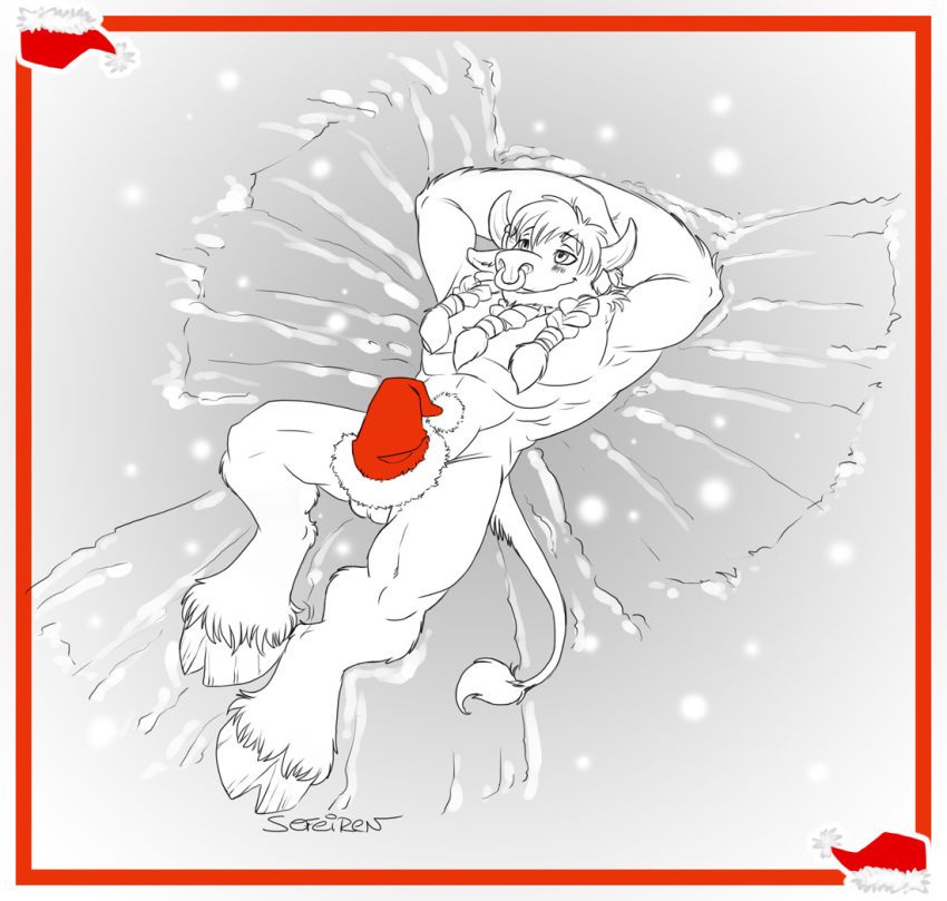 2010 anthro balls blizzard_entertainment blush border bovine braids christmas cock_hat ear furry furry_only hair hat holidays hooves horde horde_(warcraft) horns jewelry lying male male_only nose_ring nude on_back original_character pommura ring santa_hat sefeiren sketch snow snow_angel solo tail tail_tuft tauren warcraft winter winter_veil world_of_warcraft