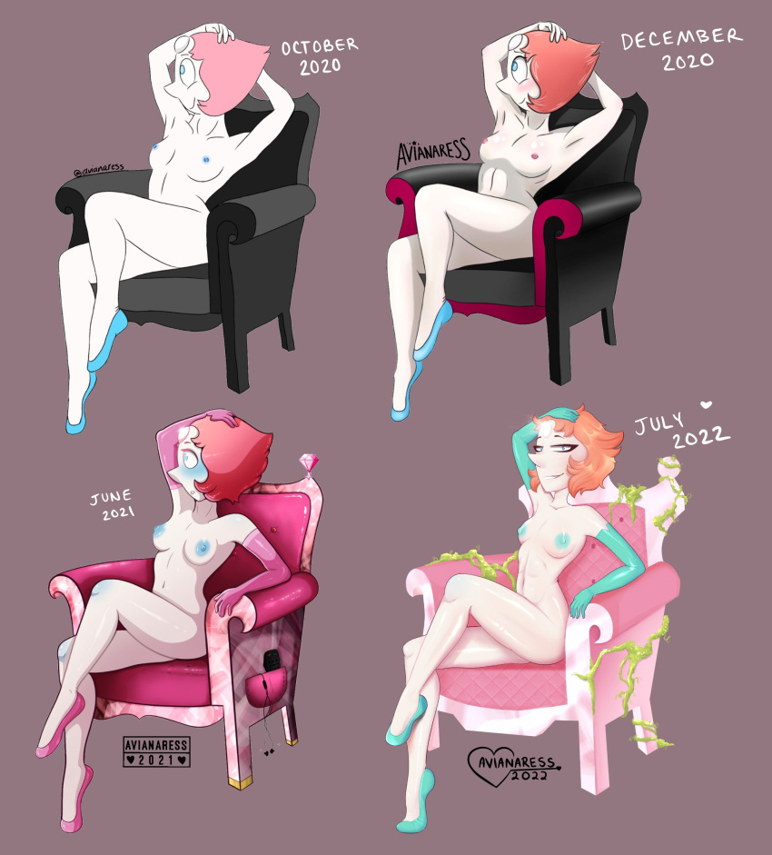 avianaress blue_nipples chair crystal_gem eyeliner flats hand_on_head naked_footwear orange_hair pale-skinned_female pale_skin peach_hair pearl_(steven_universe) petite petite_body pose posing shoes shoes_only short_hair sitting_on_chair skinny small_breasts smile smiling steven_universe tiny_breasts tiny_waist