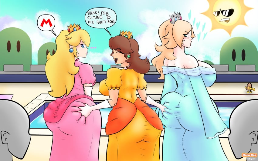 3girls ass ass_grab big_ass big_breasts big_butt big_hair blonde_hair blue_eyes blush blushing breasts brown_body brown_hair brown_skin butt crown earrings female flirting flustered giant_ass giant_breasts horndog_(artist) krotchy lipstick long_hair mario_(series) massive_ass massive_breasts massive_butt multiple_girls orange_hair pale-skinned_female pale_skin party pool pool_party postal_(series) princess_daisy princess_peach princess_rosalina super_mario_bros. text thick thick_ass thick_legs thick_thighs white_body white_hair white_skin