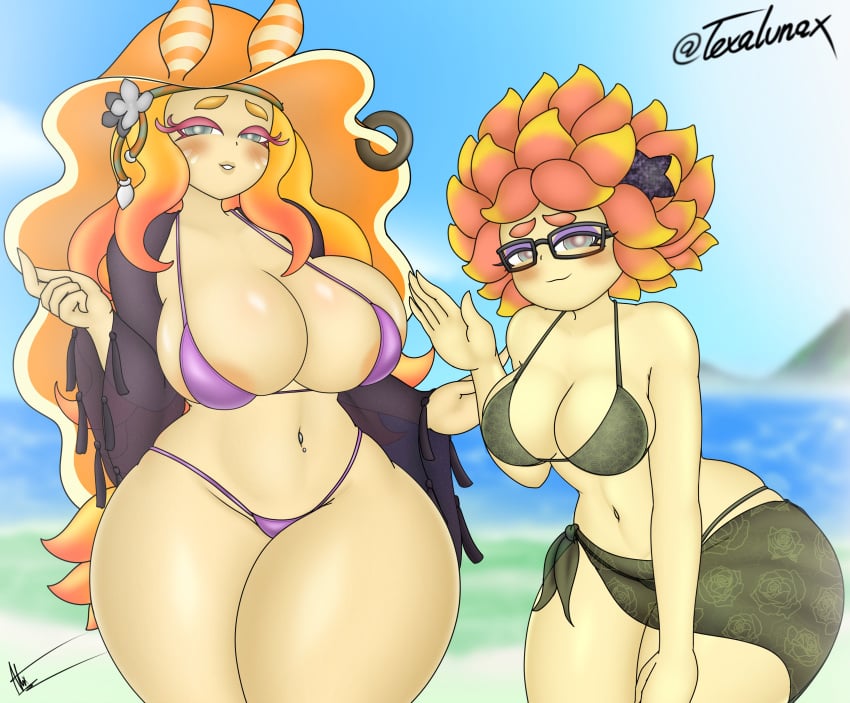 annie_(splatoon) beach belly_piercing big_breasts brown_bikini flow_(splatoon) micro_bikini milf nintendo nsfwtalex orange_hair pink_bikini splatoon splatoon_2 telaxart texalunax thick_thighs