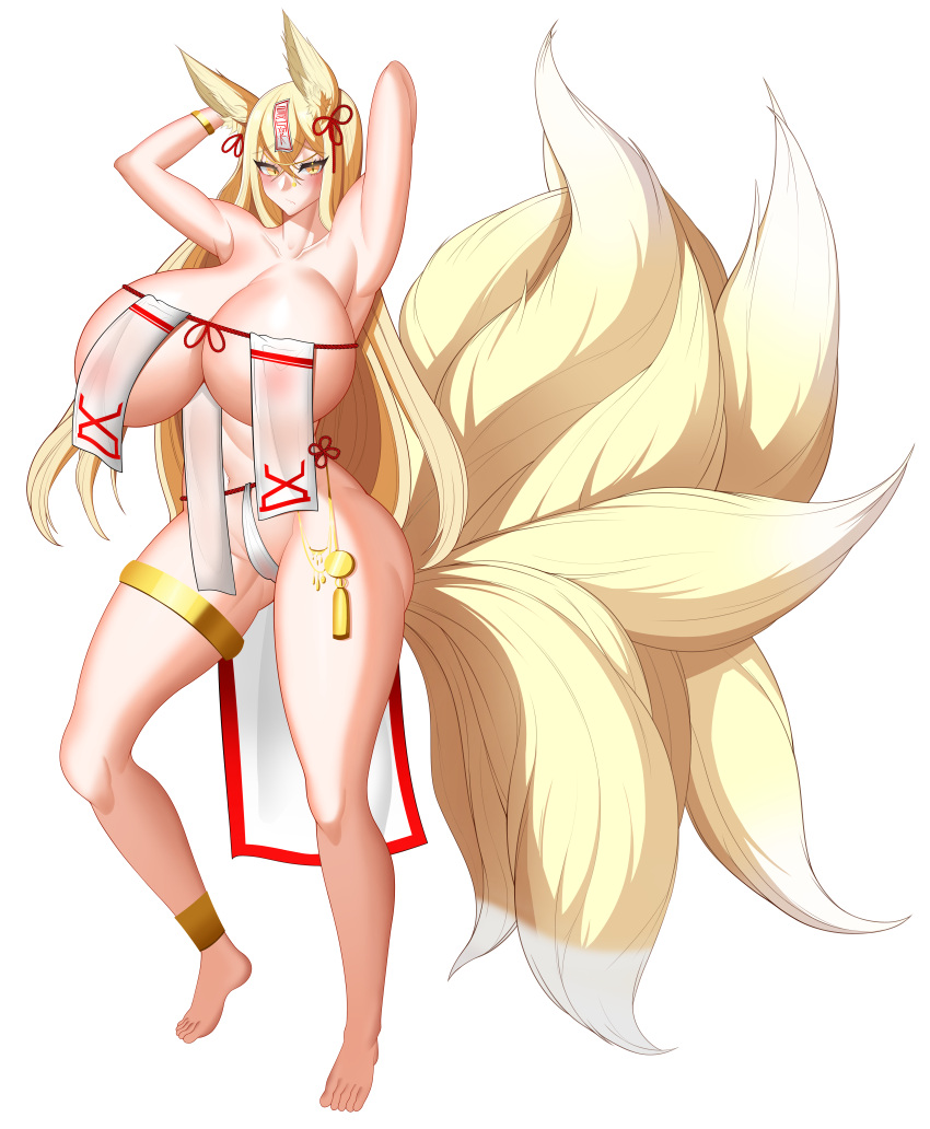 1girls big_breasts blonde_hair feet fox fox_ears fox_girl fox_tail hirume_of_heavenly_incense huge_breasts kitsune large_breasts last_origin long_hair multiple_tails nikurabbit tagme