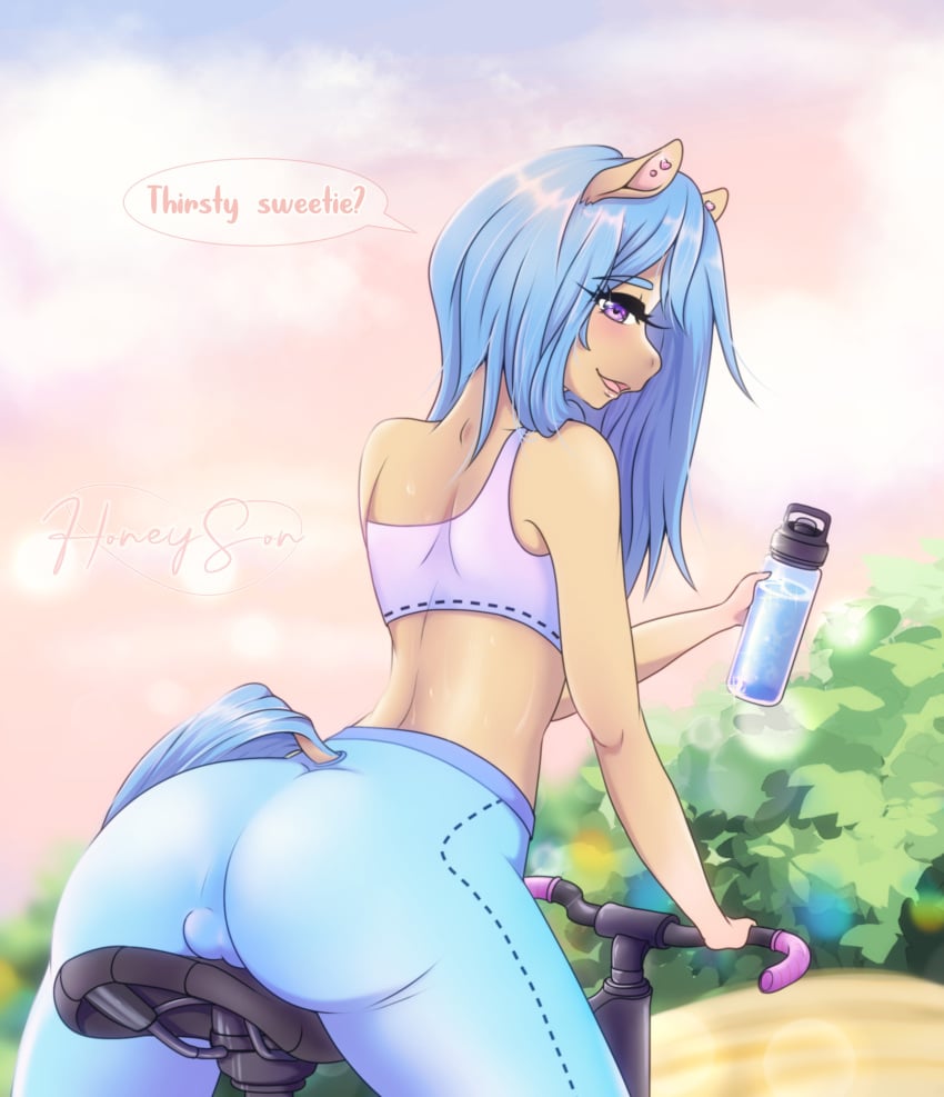 absurd_res anthro ass balls_outline bicycle blue_hair bulge detailed_bulge equid equine genital_outline girly hair hi_res honeyson horse male mammal solo