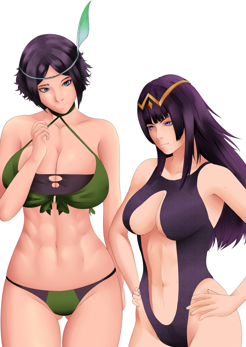 2girls alternate_costume arant_king ass_visible_through_thighs bare_midriff bikini black_hair black_swimsuit blue_eyes breasts cleavage daughter_is_bigger female female_only fire_emblem fire_emblem_awakening fire_emblem_heroes green_bikini green_swimsuit huge_breasts large_breasts midriff mother_and_daughter multiple_girls nintendo noire_(fire_emblem) noire_(summer)_(fire_emblem) official_alternate_costume one-piece_swimsuit purple_eyes purple_hair short_hair smile swimsuit tharja_(fire_emblem)