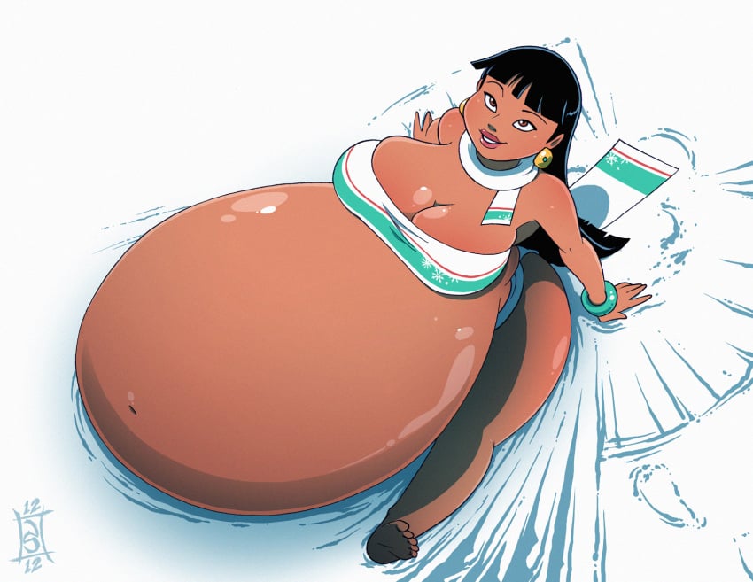 1girls belly belly_inflation big_belly big_breasts black_hair breasts chel cleavage dark-skinned_female dark_skin dreamworks female huge_belly inflation native native_american seriojainc solo_female the_road_to_el_dorado what