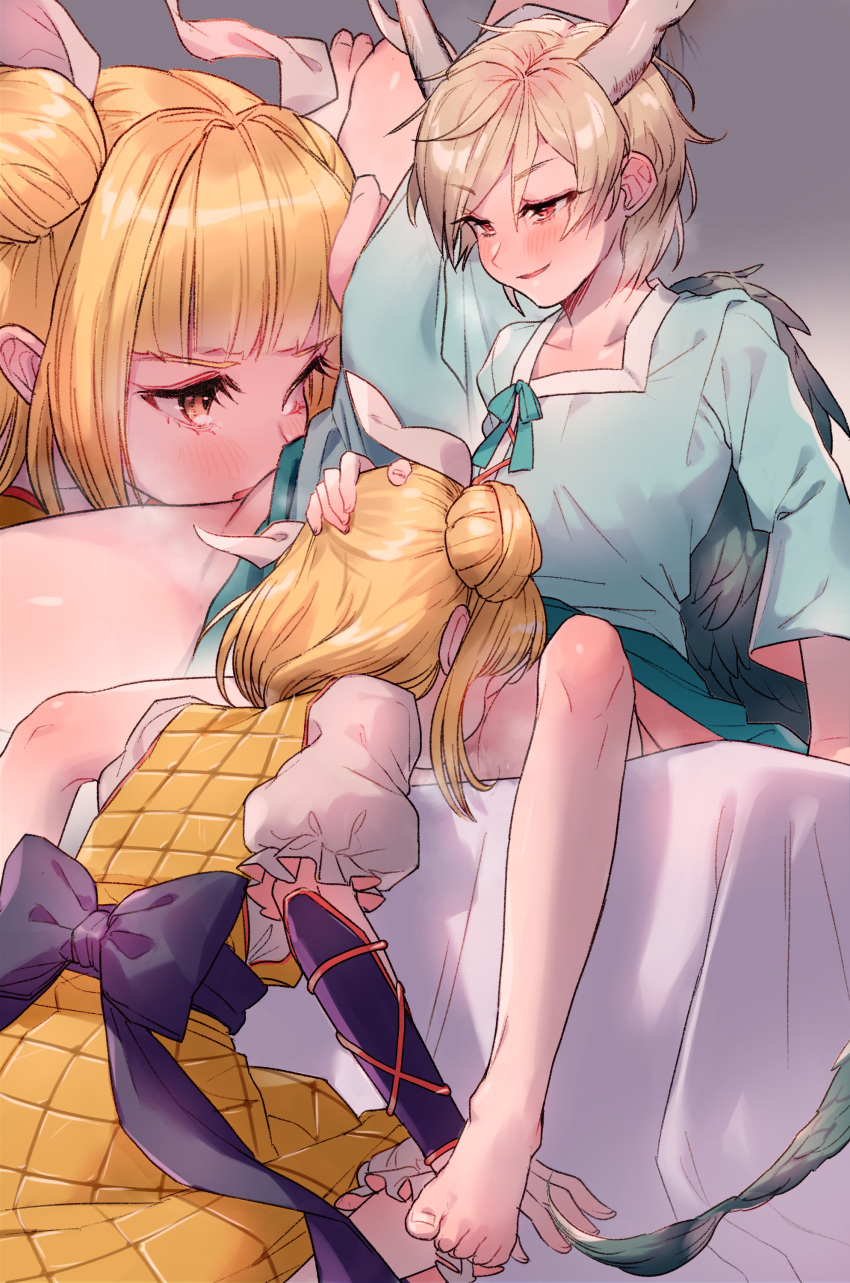 2girls absurdres antlers arm_support bangs barefoot blonde_hair blunt_bangs blush bottomless cunnilingus double_bun hair_bun highres kicchou_yachie kneeling masanaga_(tsukasa) mayumi_joutouguu multiple_girls multiple_views on_ground on_knees oral ribbon short_hair toes touhou vambraces yuri