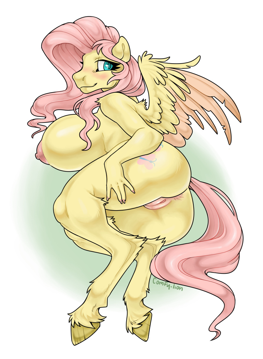 2022 absurd_res ass big_breasts blue_eyes blush breasts colored_nails comfy_lion cutie_mark digital_media_(artwork) digitigrade equid equine female fluttershy_(mlp) friendship_is_magic genitals hair hasbro hi_res hooves horse mammal my_little_pony nails nipples pegasus pink_hair pink_nails pink_nipples pony presenting presenting_hindquarters simple_background solo straight_hair wings yellow_body