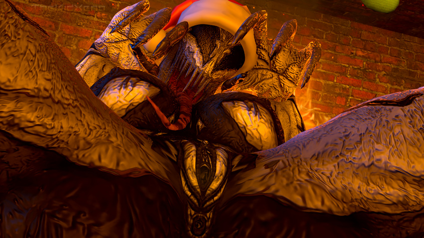 3d_(artwork) absurd_res alien anus ass big_breasts black_body black_eyes breasts christmas christmas_clothing christmas_headwear claws clothing detailed_background digital_media_(artwork) fan_character fangs female genitals hat headgear headwear hi_res holidays humanoid marvel multicolored_body nipples open_mouth pussy santa_hat solo spread_legs spreading symbiote syx_(symbiote) teeth teratophilia thekidxeno thick_thighs tongue tongue_out two_tone_body white_body