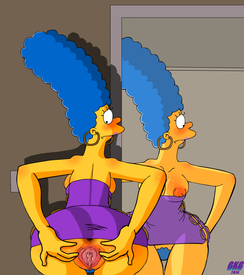 1girls anus breasts gkg marge_simpson mirror presenting_hindquarters pussy rear_view showing_pussy slutty_outfit spread_pussy the_simpsons