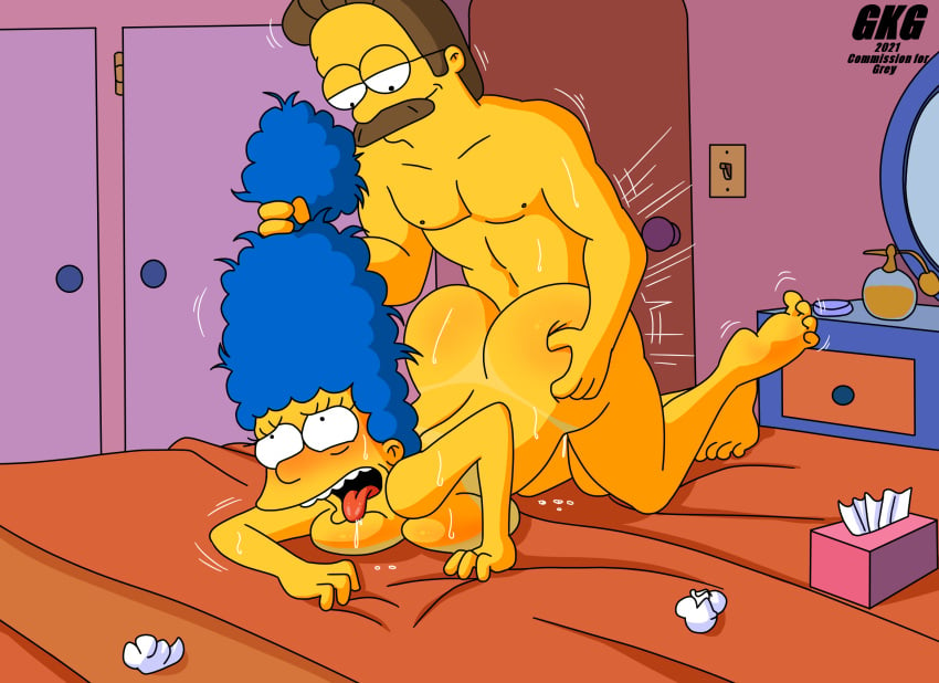 blue_hair cheating cheating_husband cheating_wife female gkg holding_hair marge_simpson ned_flanders netorare the_simpsons