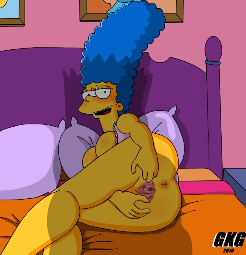 1boy1girl anus bart_simpson bed breasts gkg incest marge_simpson partially_clothed presenting_hindquarters pussy rear_view shadow smiling spread_pussy spreading the_simpsons