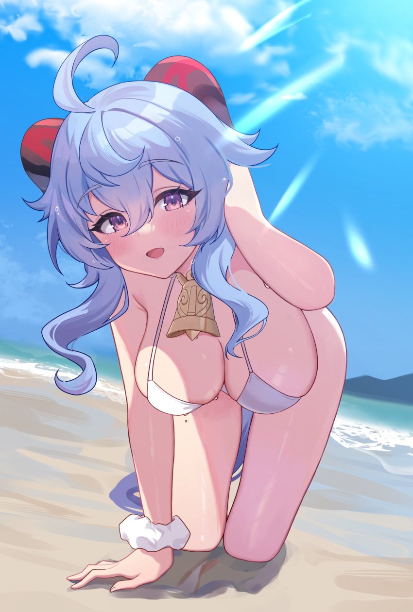 1girls anthro beach bent_over bikini blush breasts busty cleavage cowbell crawling ganyu_(genshin_impact) genshin_impact goat goat_horns hanging_breasts hi_res horn looking_at_viewer pn_(wnsl216) purple_eyes sand sky smile white_bikini