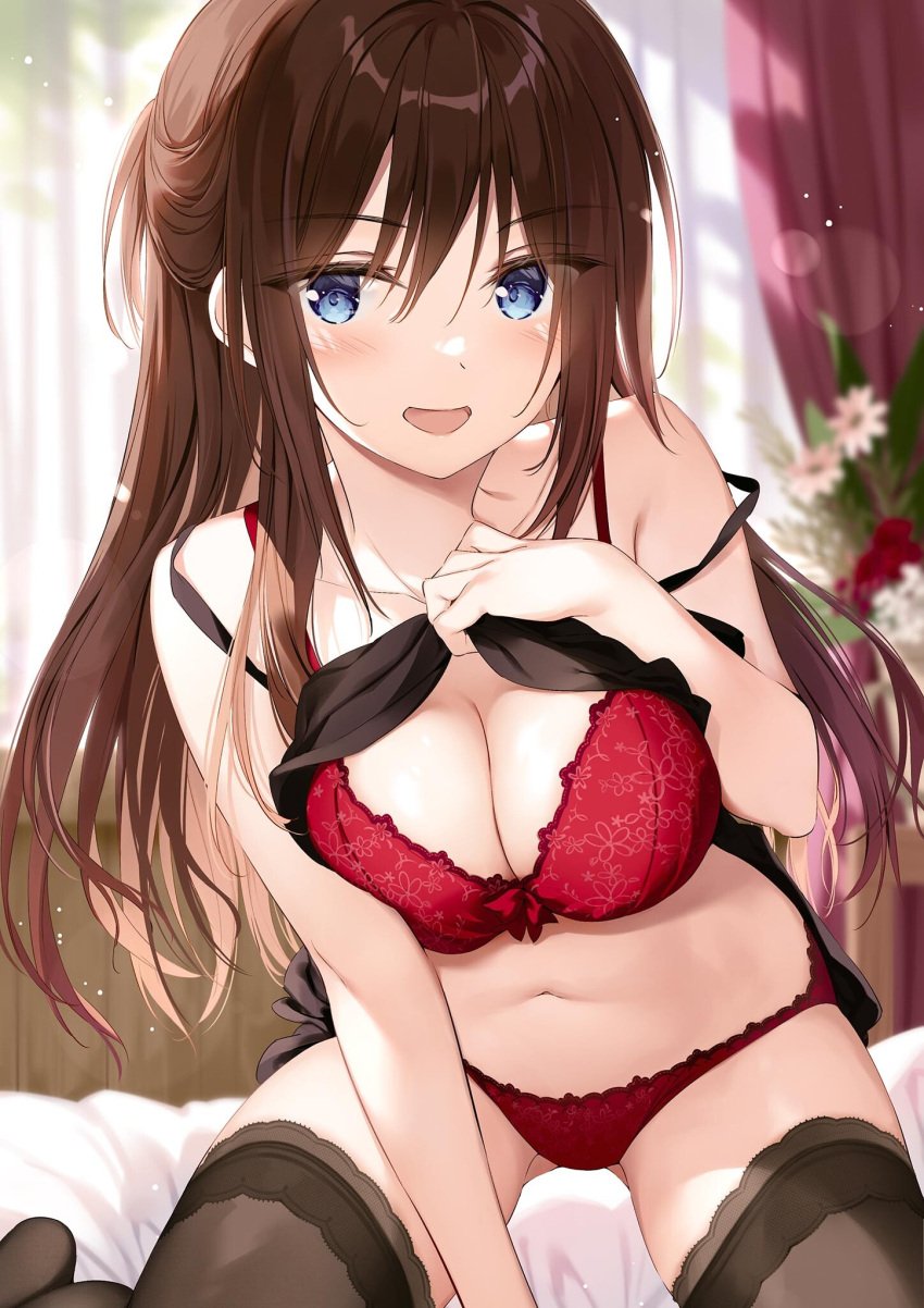 big_breasts blue_eyes boku_no_kanojo_sensei bra brown_hair fujiki_maka lingerie oryou panties red_underwear teacher thighhighs