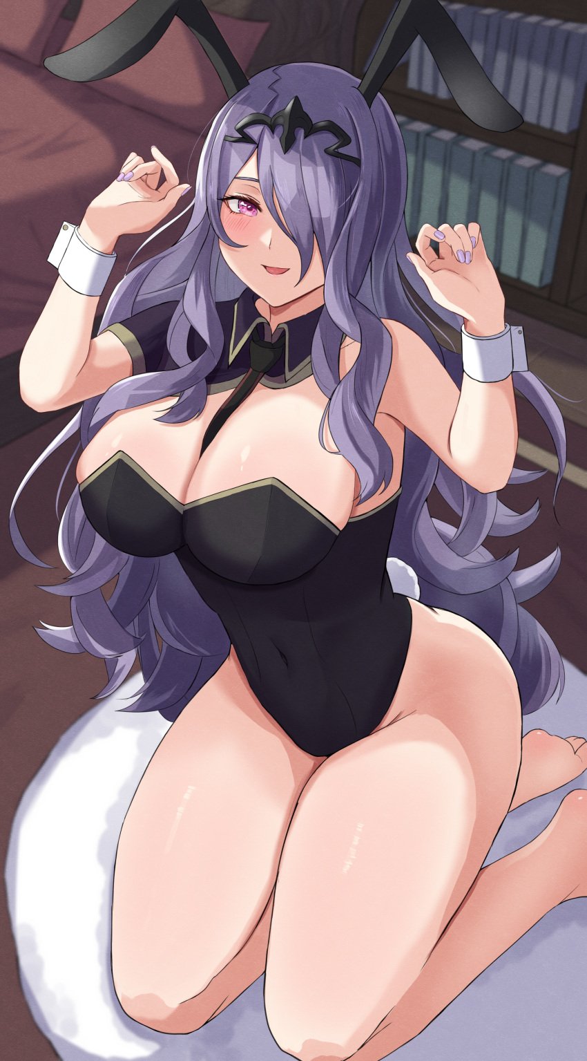 1girls :d absurdres alternate_costume animal_ears arms_up bare_legs bare_shoulders bare_thighs bed bedroom black_leotard blush book bookshelf breasts bunny_ears bunny_girl bunny_tail bunnysuit camilla_(fire_emblem) cleavage covered_navel cuffs detached_collar fake_animal_ears fake_tail female female_only fire_emblem fire_emblem_fates hair_over_one_eye highres kneeling large_breasts legs leotard long_hair looking_at_viewer nail_polish nintendo open_mouth peli_cantaro playboy_bunny purple_eyes purple_hair purple_nails rabbit_ears rabbit_tail smile solo strapless strapless_leotard tail thick_thighs thighs tie very_long_hair wavy_hair wrist_cuffs