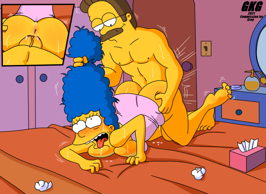 1boy 1girls affair blue_hair cheating cheating_husband cheating_wife doggy_style female gkg hard_sex holding_hair male marge_simpson mutual_cheating ned_flanders netorare rough_sex straight the_simpsons