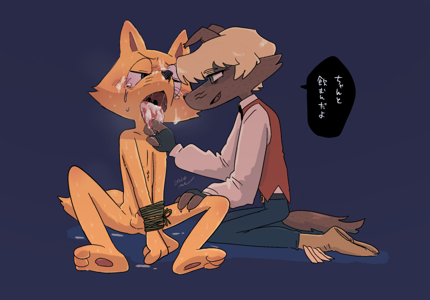 anthro bodily_fluids canid canine canis cum cum_on_face fox gaon genital_fluids hi_res kaiketsu_zorori mammal wolf zorori