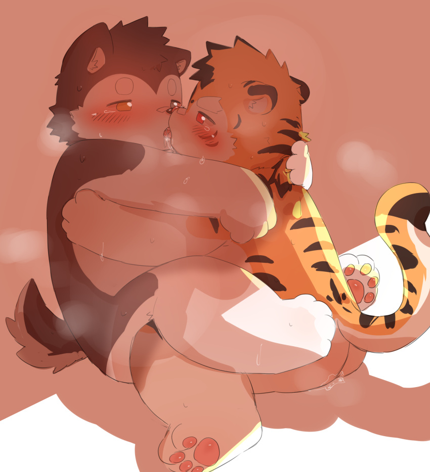 absurd_res anthro ass bodily_fluids canid canine canis chubby_male domestic_dog duo embrace felid hi_res hug kissing leaning male male/male mammal overweight pantherine slightly_chubby tearing tears tears_of_pleasure tiger tsukamototgg