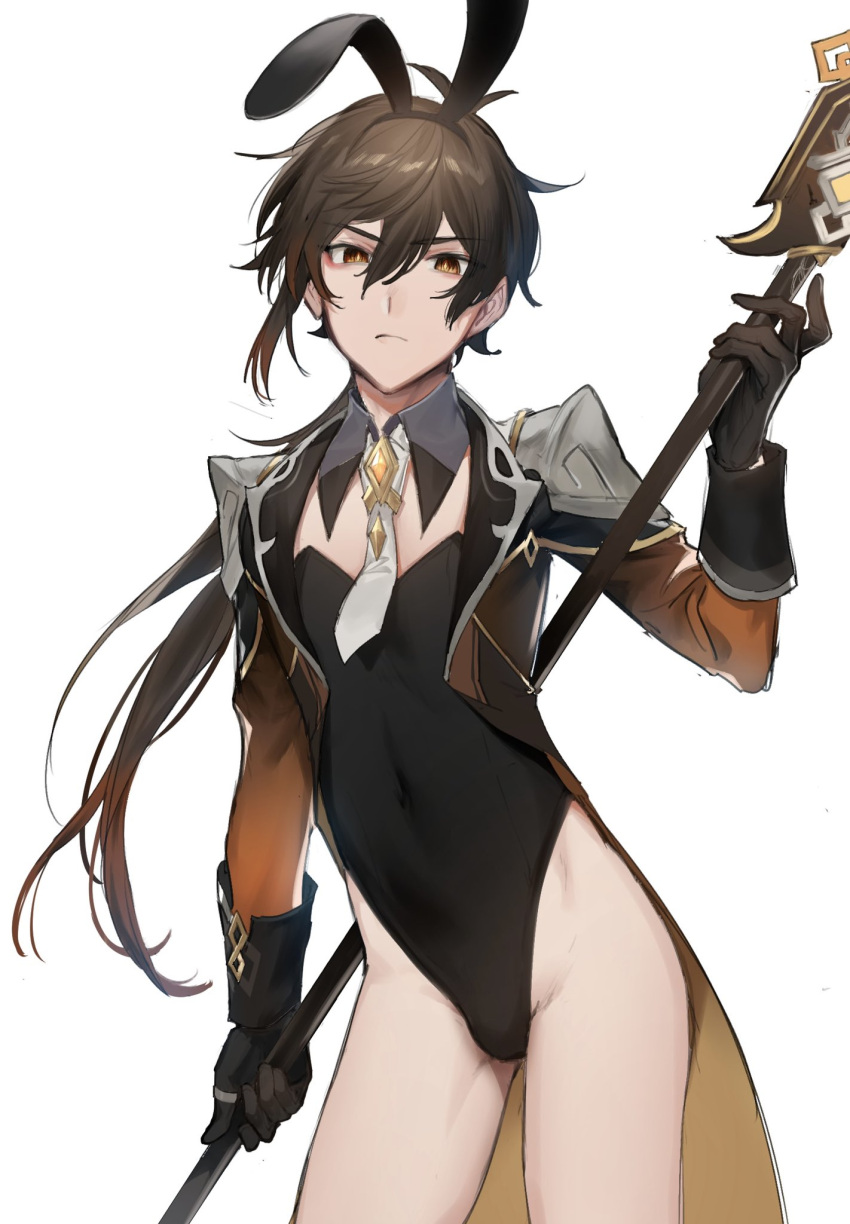 1boy belly_button belly_button_visible_through_clothing brown_hair bulge femboy femboy_focus feminine_male genshin_impact god male male_only nuntaro_00 penis_bulge polearm small_penis solo spear thin trap twink twinkie weapon zhongli_(genshin_impact)