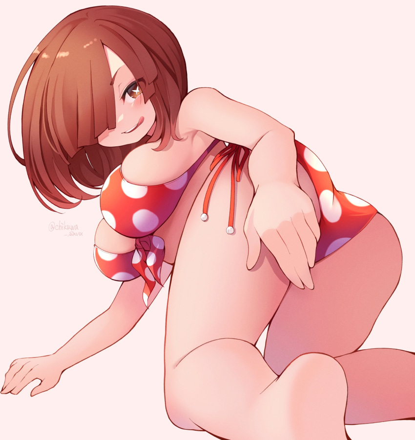 1girls ass_up bangs big_breasts bikini busty female female_only hair_over_one_eye komori_kinoko licking_own_lips light-skinned_female looking_at_viewer my_hero_academia on_knees polka_dot side-tie_bikini side-tie_panties solo solo_female