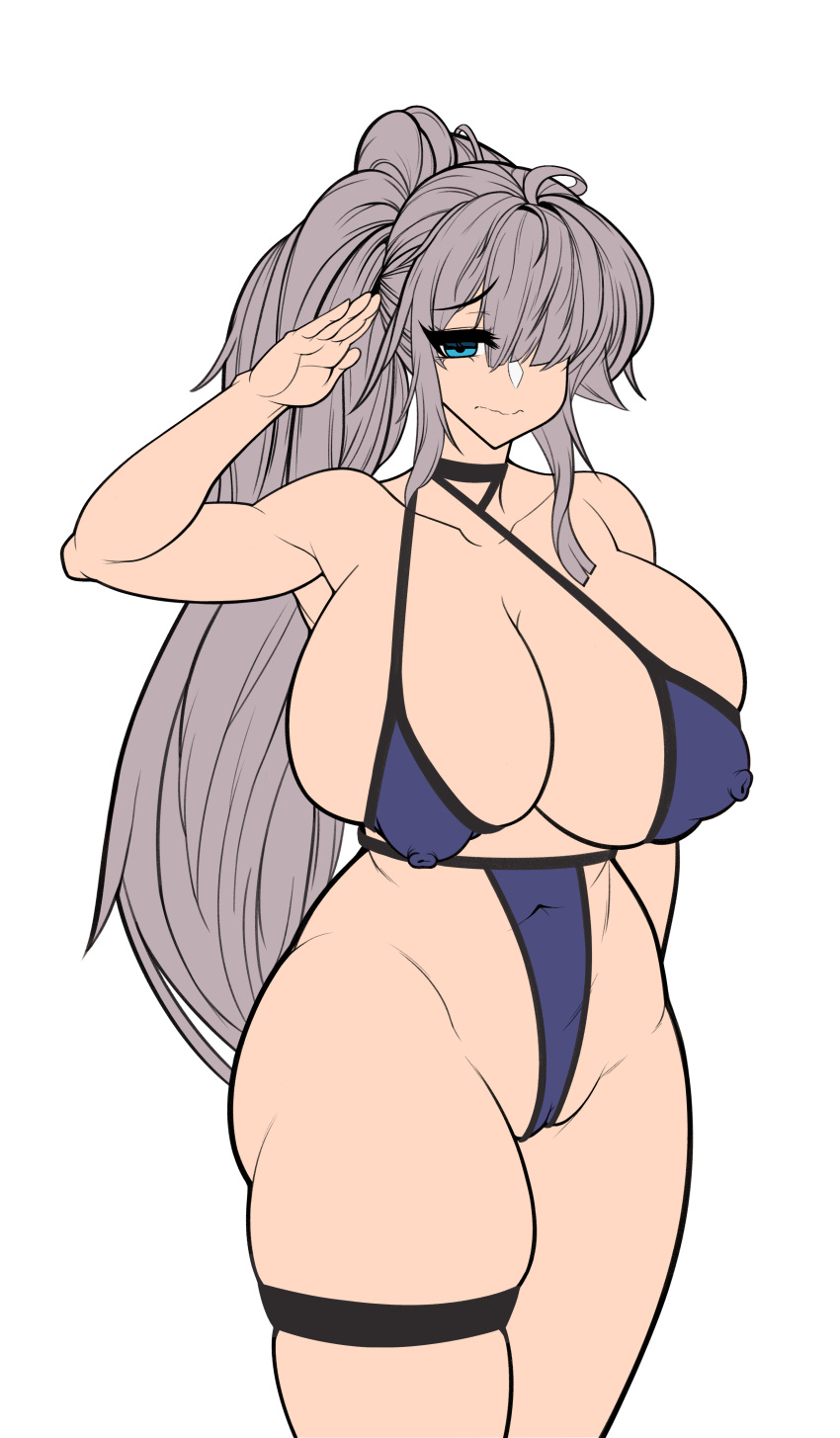 1girls armpits big_breasts bikini blue_eyes c-79g_habetrot_(last_origin)_(cosplay) c-79g_habetrot_(summer_combat_uniform)_(last_origin)_(cosplay) female female_only huge_breasts large_breasts last_origin light-skinned_female light_skin long_hair nikurabbit plump silver_hair smile solo standing swimsuit t-20s_gnome tagme thick_thighs thighhighs tight_bikini tight_clothing tight_fit