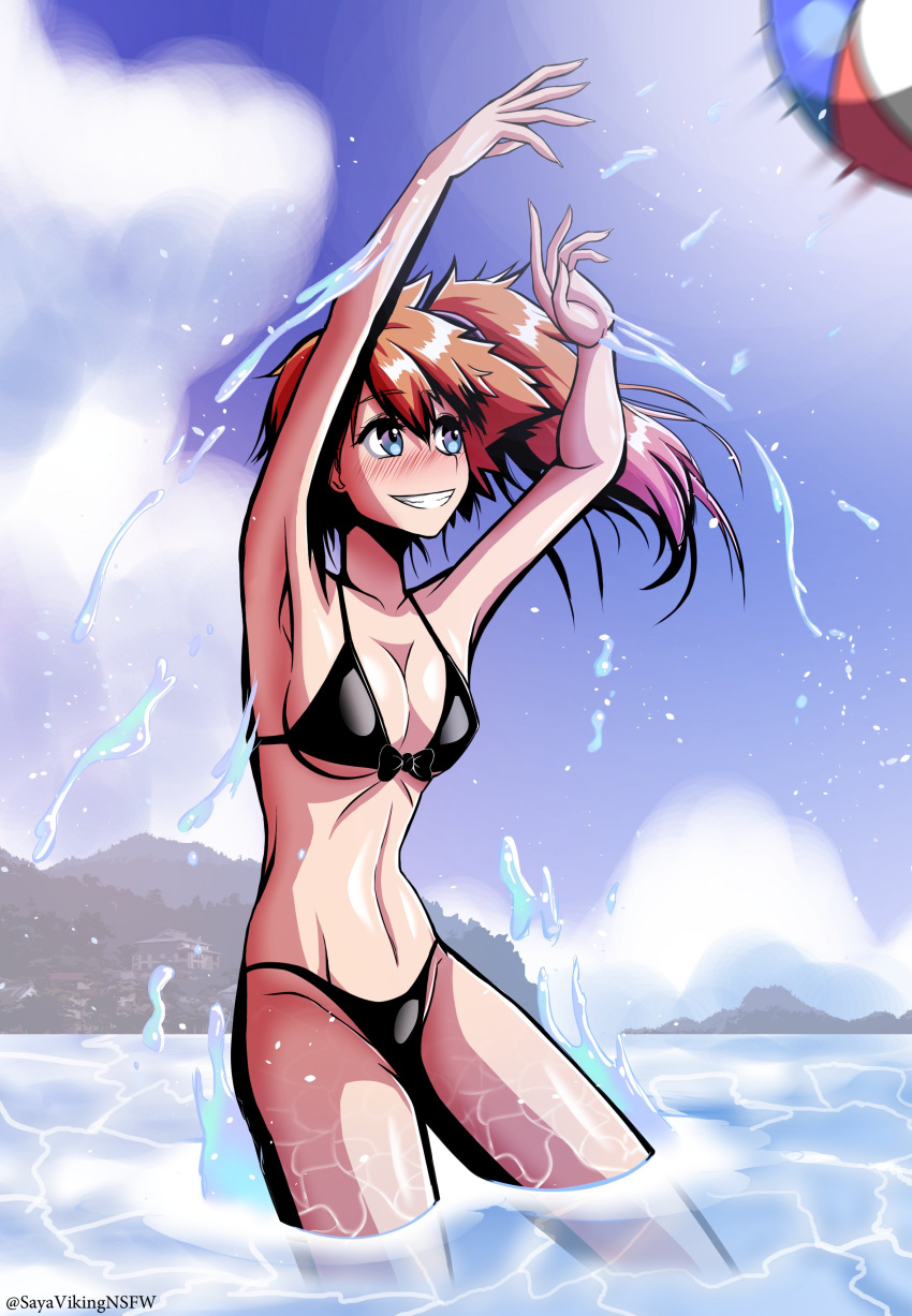 1girls armpits asymmetrical_hair ball bangs bare_arms bare_shoulders beachball bikini black_bikini black_swimsuit blue_eyes blue_sky blush breasts cleavage closed_eyes cloud creatures_(company) day female female_only game_freak grin hair_tie highres kasumi_(pokemon) light_blush looking_at_another medium_breasts nintendo ocean orange_hair outdoors partially_submerged pokemon ponytail sayaviking short_hair side_ponytail sky smile solo swimsuit water wet