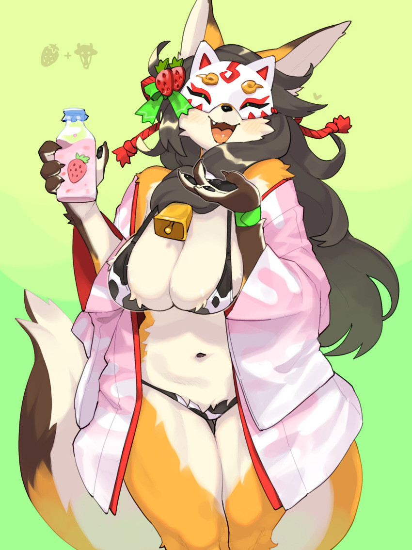 1girls anthro bikini black_hair blush bottle breasts canine countershading cow_print cow_print_bikini cowbell female female_only fox fox_ears fox_tail fur furry furry_only green_background hi_res kame_3 kimono long_hair looking_at_viewer mask masked_fox_(kame_3) open_kimono pawpads smiling_at_viewer solo solo_female strawberry tail yellow_fur