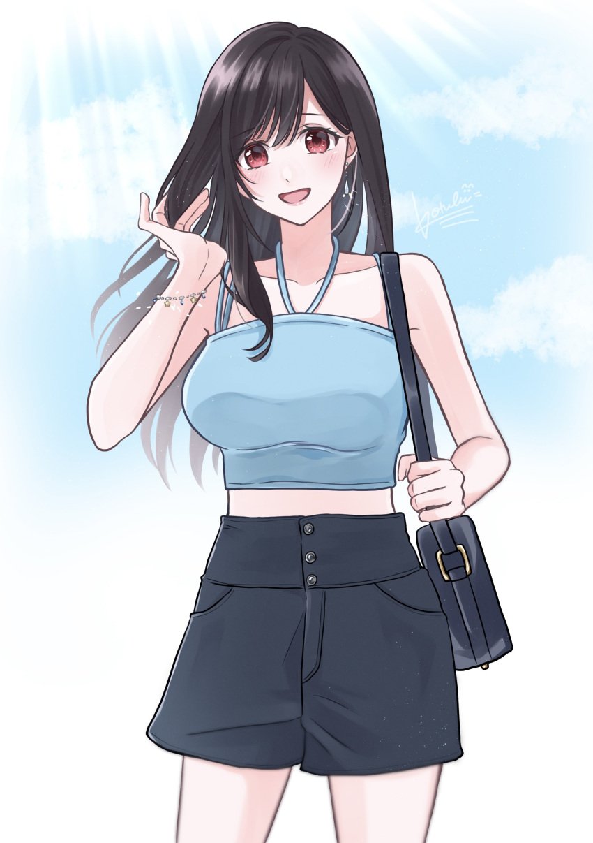 black_hair bra_strap bracelet casual casual_clothes earring final_fantasy final_fantasy_vii jean_skirt kt9_ct long_hair red_eyes shoulder_bag tifa_lockhart topwear