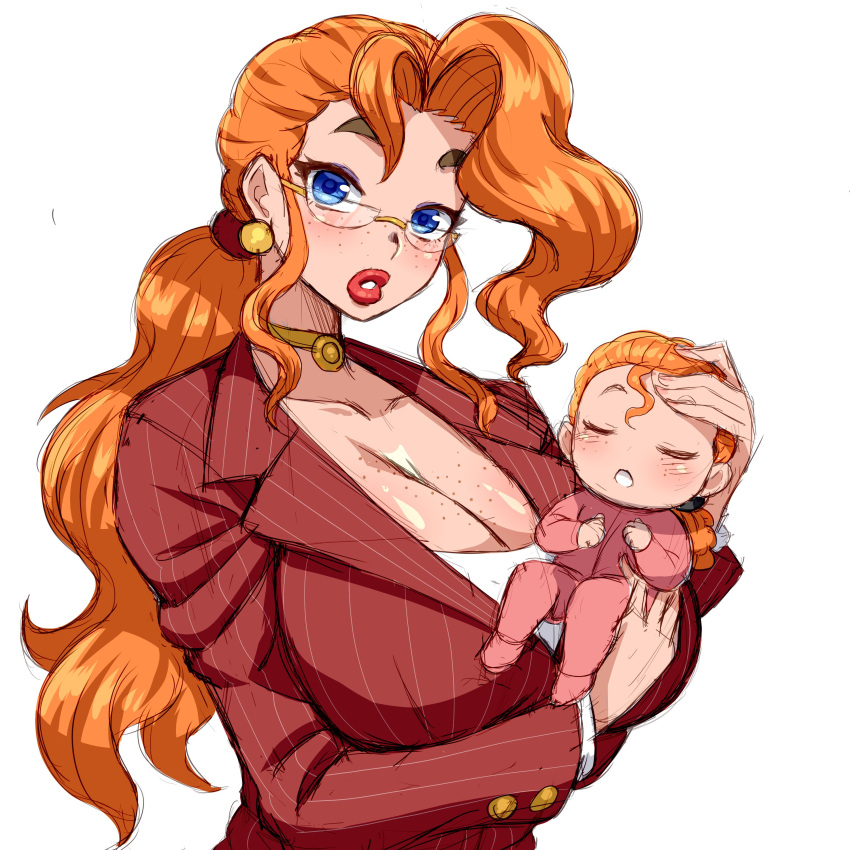 1girls :o alexa_stanworth baby big_breasts blue_eyes blush breasts choker cleavage cute earrings female freckles glasses huge_breasts lipstick mature_female mother_and_daughter orange_hair ponytail safe sfw simmsy sleeping tagme white_background wholesome