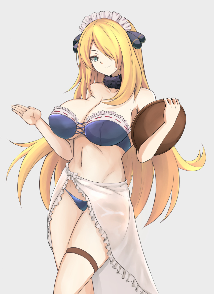 bikini blonde_hair blue_bikini breasts choker cynthia_(pokemon) frilled_choker green_eyes hair_ornament hair_over_one_eye holding_tray large_breasts long_hair maid maid_bikini maid_headdress nintendo pokemon pokemon_dppt thigh_strap tray waist_wrap zone25388591